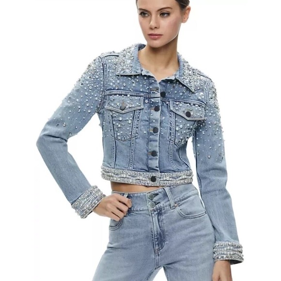 Alice + & Olivia Nelson Crystal Embellished Cropped Denim Jean Jacket Small Blue - Picture 3 of 11